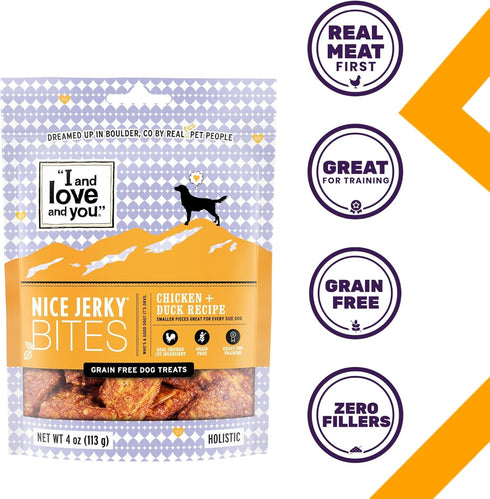 I and love and you Nice Jerky Bites, Chicken + Duck, Grain Free, Real Beef, Chewy Dog Treats, 4oz