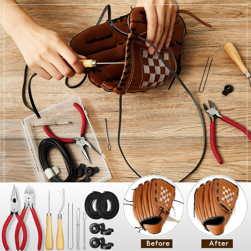 Glove Relacing Kit for Baseball or Softball Mitts - Includes 2 Strips, 4 Pcs Glove Locks, 5 Pcs Lacing Tools