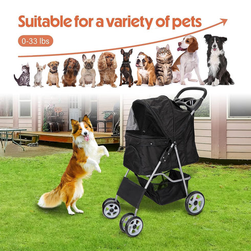 4 ZENY Foldable Pet Stroller, Cat/Dog Stroller with Wheel, Pet Travel Carrier Strolling Cart with Storage Basket, Cup