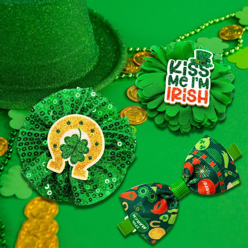 24pcs St. Patrick's Day Dog Bow Ties, Adjustable Green Pet Collar Attachment, Lucky Clover Bowties for Dogs