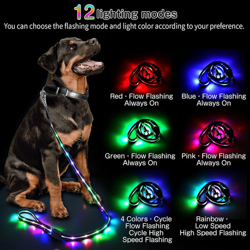 LED Dog Leash with 12 Lighting Modes, 4 Ft Rechargeable Lighted Leash for Night Walking Safety for All Dogs