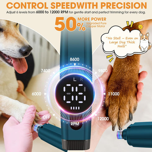 6-Speed Trimmers, 2000mAh 8H 95% ATESON Dog Nail Grinder with LED Light, Quiet Electric Pet Nail Forward/Reverse