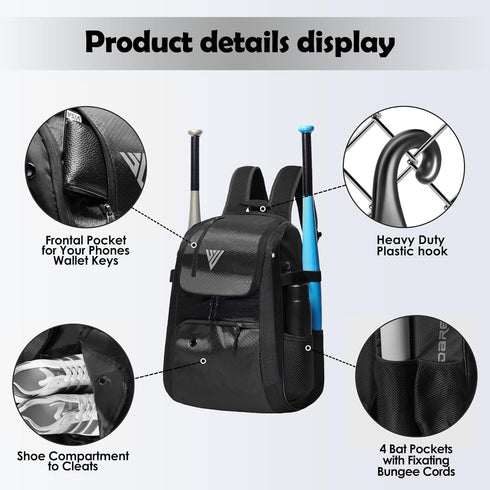 Youth Baseball Backpack - Softball Bat Bag for Boys & Girls with Fence Hook and Shoe Compartment