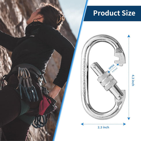 Oval Indoor Outdoor Climbing Carabiner, Screw Locking Heavy Duty Safety Clips, 25 KN (5600 LBS) for Hiking, Camping