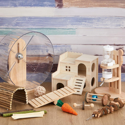 Sonwyoung 18 15 Set, Set Pcs Hamster Cage Accessories, Silent Hamster Wheel, Chew Toys Maze Wood House and Water Bottle