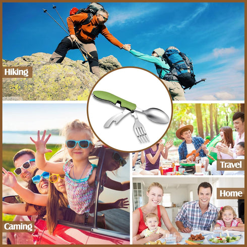Folding Camping Utensils Cutlery Set, 4-in-1 Stainless Steel Spoon Fork Knife Bottle Opener, 5 Pcs, Red, Green, Black,