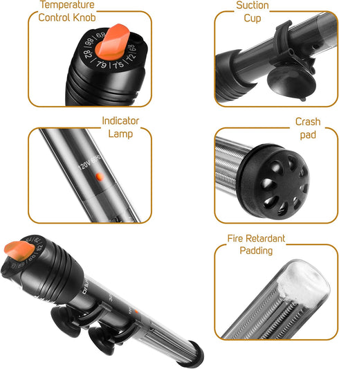 Orlushy 100W Adjustable Submersible Aquarium Heater with 2 Suction Cups & Free Thermometer for Freshwater