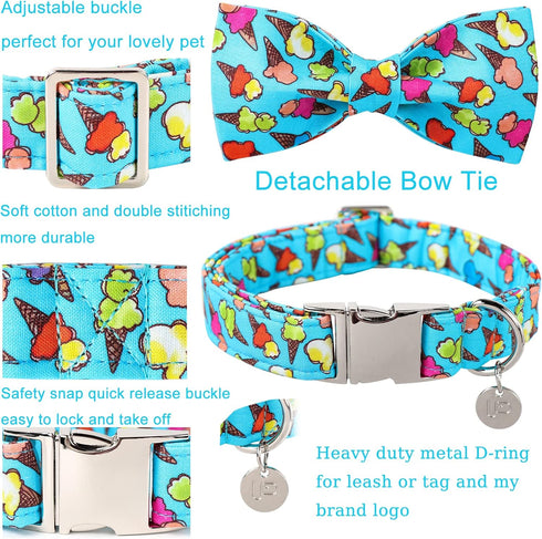 Summer Dog Collar with Bow Tie, Cotton Cute Bowtie Collar for X-Large Boy Girl Dog, Comfortable Blue, Neck 16-26in