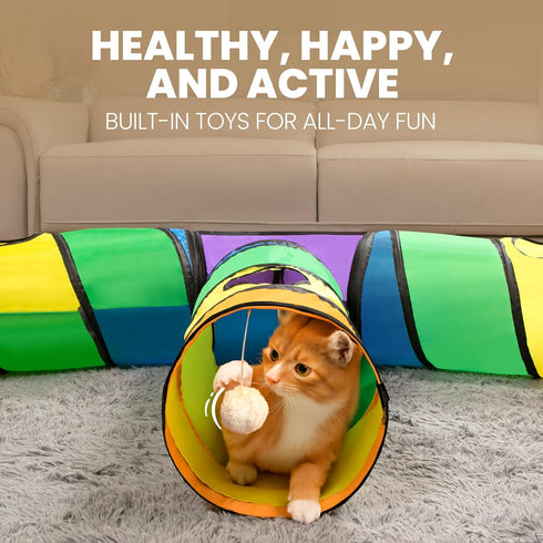 5-Way Genius Cat Tunnels for Indoor Cats - Large Customizable Tunnel Tube System with Hanging Toys, Storage Bag