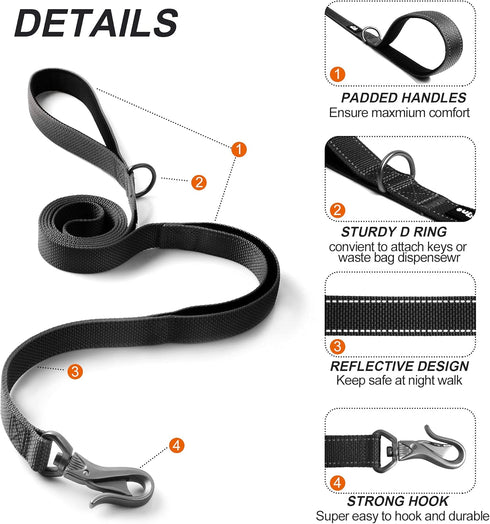 TwoEar 6FT 1IN Strong Black Dog Leash with 2 Padded Handles, Traffic Handle Extra Control, Comfortable Soft Dual Handle, Auto Lock Hook, Reflective walking Lead for Small Medium and Large Dogs