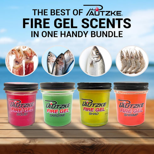 Fire Gel Bait Saltwater Bundle (Shrimp, Shad, Squid, Sardine), Irresistible Fishing Bait for Trout, Salmon, Crappie