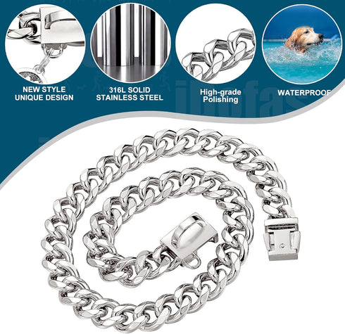Chain Dog Collar - 15mm Silver Cuban Link with Snap Buckle, Silver Plated Stainless Steel, Includes Dog Tag & Bell (24")
