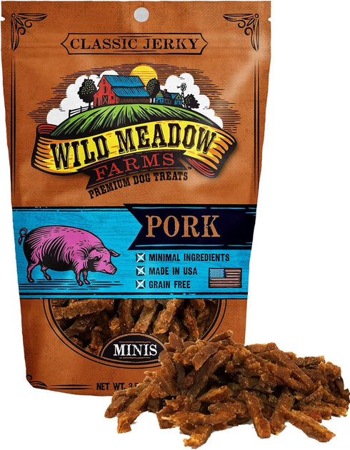 Wild Meadow Farms Classic Pork Minis, Soft Jerky Training Treats for Dogs, Grain-Free, All-Natural, 3.5 Ounce Pouch