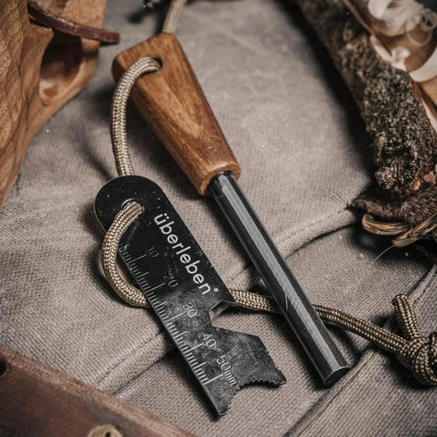 ueberleben Zuenden Fire Starter - Handcrafted Wood Handle Ferro Rod, Survival Igniter with Neck Lanyard & Multi-Tool