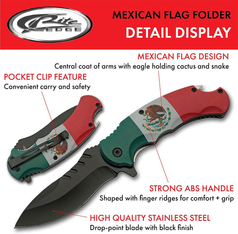 SZCO Supplies 8.5" Mexican Flag Assisted Open Liner Lock Folding Knife With Pocket Clip,Red, White & Green by SZCO Supplies