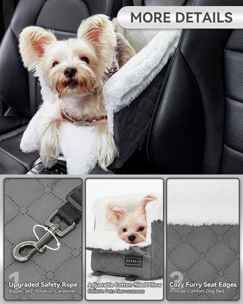 8 Lbs PETSFIT Center Console Dog Car Seat with Safe Protection Hooks, Pet Car Seat with Upgraded Safety Tethers