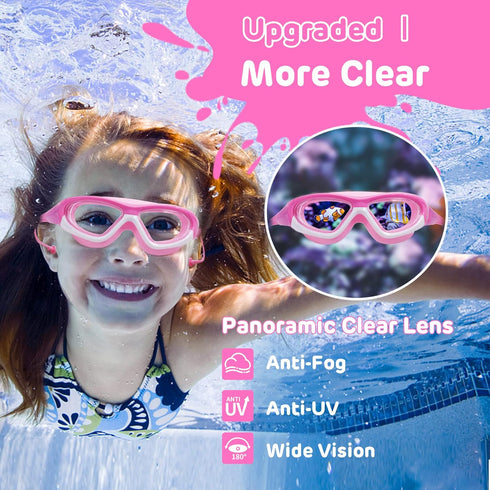 Vvinca Kids Swim Goggles for Ages 3-12 - 2024 Upgraded Design with Ear & Nose Plug, Anti-Fog No Leak Water Pool Goggle