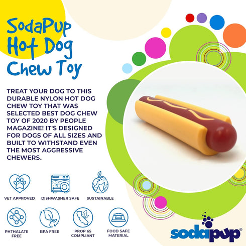 SodaPup Hot Dog – Durable Dog Chew Toy Made in USA from Non-Toxic Nylon for Mental Stimulation and Clean Teeth