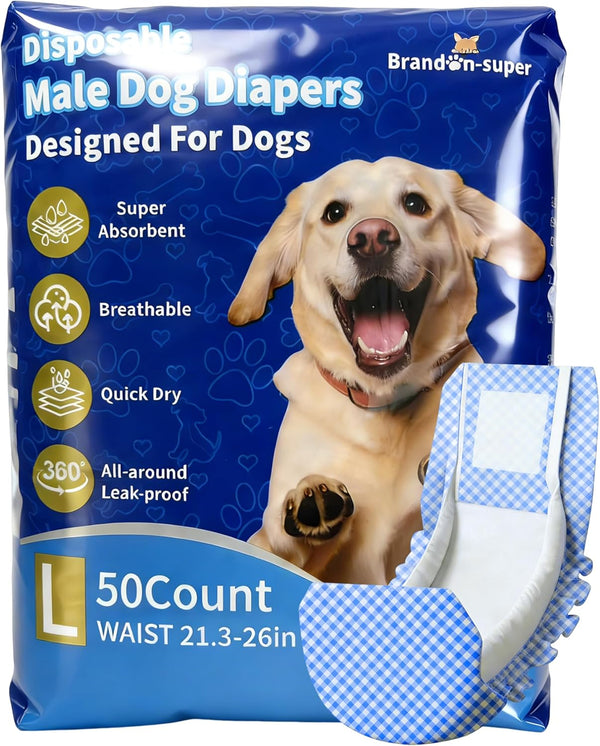 BrandonSuper Dog Diapers Male 50CT,L,Ultra Absorbent Disposable Puppy Dog Wraps,Leak-Proof Belly Band
