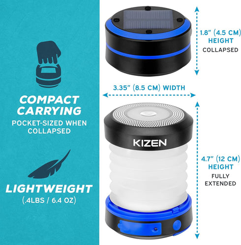 KIZEN Solar Camping Lantern - LED Emergency Flashlight, Collapsible Lamp, Rechargeable with Solar or Plug