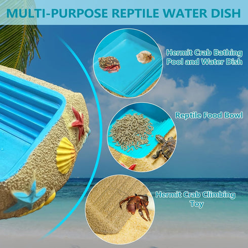 Gxsdj Turtle,Gecko,Lizard,Frog,8.76.72.2 Hermit Crab Water Bowl with Climbing Ramp,Hermit Crab Water Pool,Beach Style