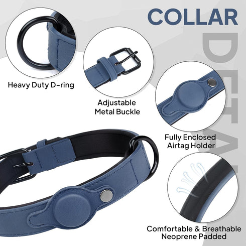 PetiFine AirTag Dog Collar, Leather Collar with Airtag Holder, Soft Padded Adjustable for Small Medium Large Dogs (L,