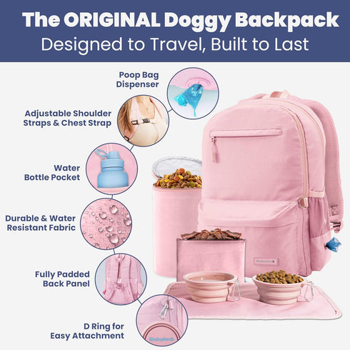 Backpack 2 Dog Travel Bag for Supplies - Complete Dog Diaper Bag with BPA-Free Travel Bowls, Treat Pouch, Food