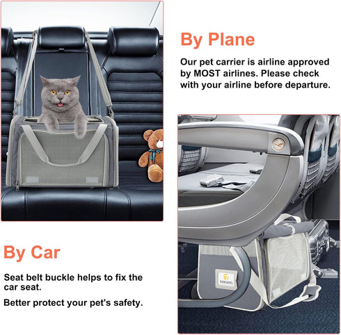 Texsens Pet Carrier - Soft-Sided Cat Carrier for Small/Medium/Large Cats & Puppies Up to 16 lbs, TSA Approved (Grey)