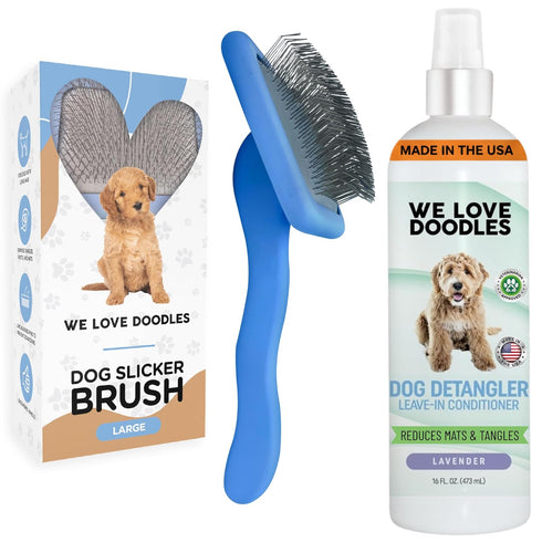 We Love Doodles Large Slicker Brush & Lavender Detangler Spray Pack -