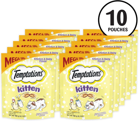 Temptations Kitten Crunchy and Soft Treats, Chicken and Dairy Flavor, 6.3 oz Pouch (Pack of 10)