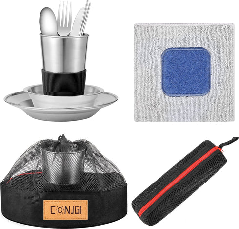 Outdoor Camping Mess Kit - 1 to 2 Persons Camping Dishes - Includes Cups, Bowls, Knives, Forks, Spoons