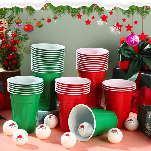 50 Set 40 15 oz 10 Soulchen Pcs Christmas Game Supplies Classic Reusable Plastic Cups and Santa Hat Printed Balls Xmas