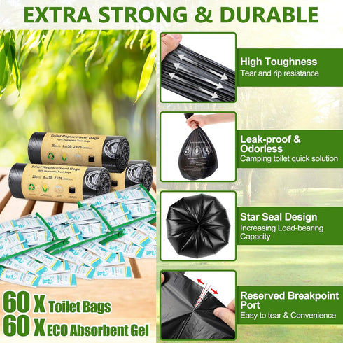 60 Count Set, 8 30 1 BLIKA Camping Toilet Bags Eco Absorbent Gel Portable Toilet Bags with Gel, Gallon, Liter, Heavy