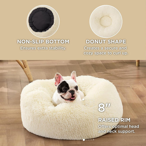 Bedsure Calming Dog Bed for Small Dogs - Donut Washable Bed, Round Anti-Slip Fluffy Plush Faux Fur Cat Bed, Oat Milk