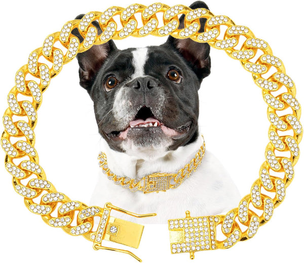 Gold Dog Chain Diamond Collar, Walking Metal Chain with Secure Buckle, Jewelry Accessories for Small Medium Large Dogs