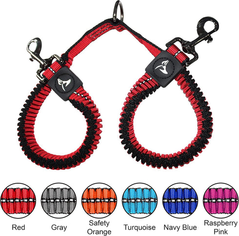 Kruz Double Dog Leash for Two Dogs, ¾” Width, 17”-34” Length, Tangle-Free Swivel with Reflective Bungee (Blue)