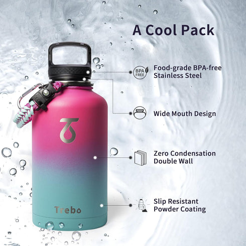 Water Bottle 64oz with Paracord Handle, Trebo Half Gallon Double Wall Vacuum Stainless Steel Insulated Jug