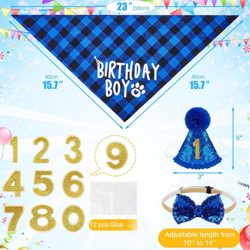 Sumind 18 Pcs Dog Birthday Party Supplies, Pet Birthday Bandana, Balloon Banner, Hat with 0-8 Figures, Touch Ink Pad,