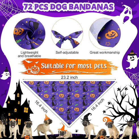 72 Sanwuta Pcs Halloween Dog Bandana Bulk Washable Puppy Triangle Scarfs Halloween Pumpkin Cat Bandanas Adjustable Soft