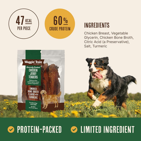 100% 12 oz. Waggin' Train Smoked Chicken Jerky Tenders for Dogs with Turmeric and Human Grade Bone Broth, Grain