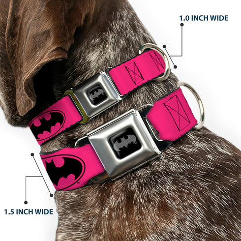 Buckle-Down Seatbelt Buckle Dog Collar - Bat Signal-3 Fuchsia/Black/Fuchsia - 1.5" Wide, Fits 16-23" Neck, Medium
