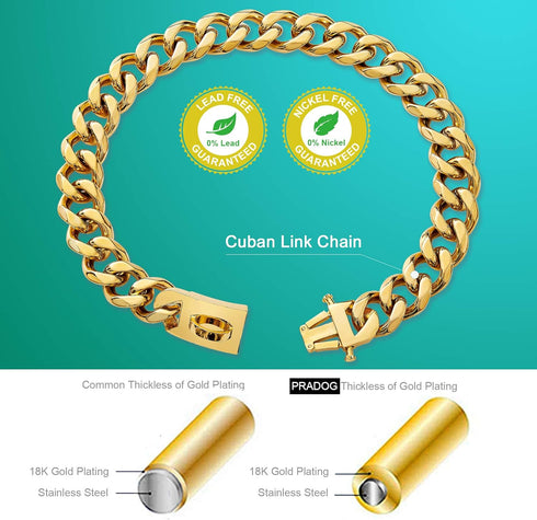 Gold Chain Dog Collar, Designer Cuban Link Chain Collar with Safety Design Buckle (19MM, 26")