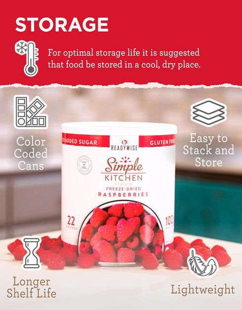 22 READYWISE - Simple Kitchen Freeze Dried Raspberries, Servings, Vegan, Gluten Free, Healthy Snack, Survival Food