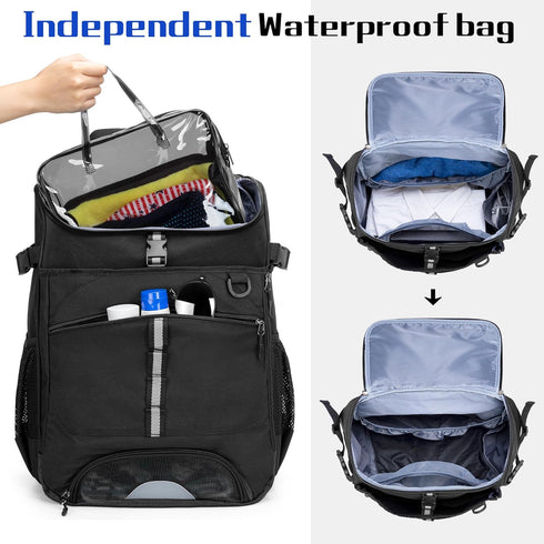 Swim Backpack for Swimmers, Equipment Bag with PVC Transparent Bag for Workout Gear, Black