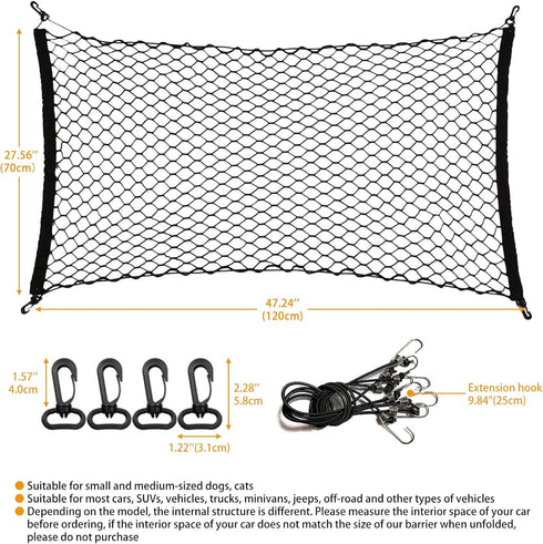 Dog Barrier for SUV, 47" Stretchable Mesh Cargo Net with Metal Hooks, Universal Car Divider Dog Gate for Safe Driving
