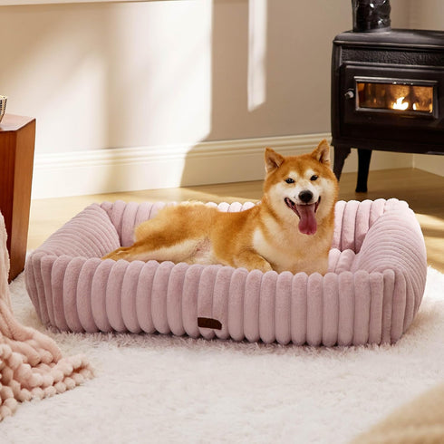 Bedsure Cute Dog Bed for Large Dogs - Washable Furry Puppy Beds, Orthopedic Corduroy Fleece, 36x27x8inches, Blush Pink