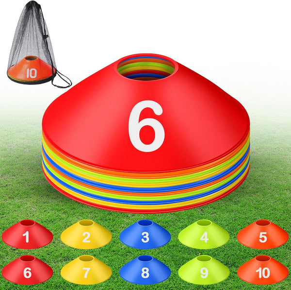 Relaxgiant 10 Pcs Numbered Sports Disc Cones 1-10 Soccer Cones with Mesh Carry