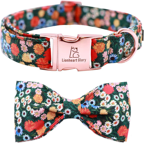 Lionheart Glory Floral Print Dog Collar with Bowtie, Adjustable Soft Collar for X-Small to Large Dogs