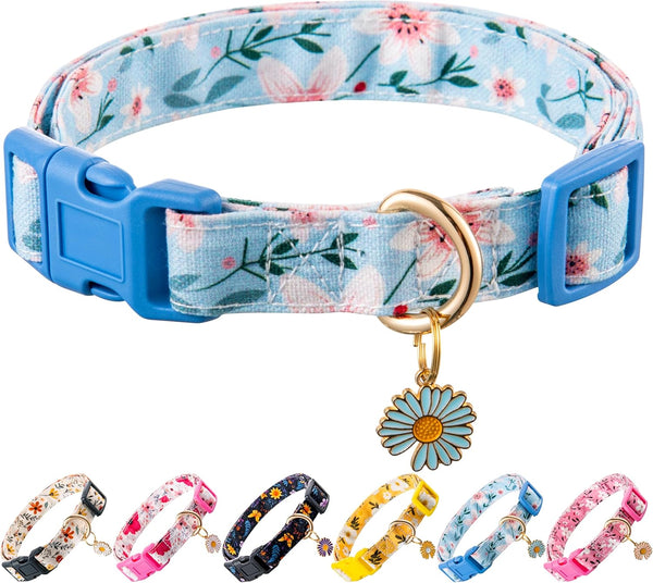 Cotton Dog Collar, Blue Flower Pattern for Boys and Girls, Adjustable for Small to Medium Breed Dogs (XS)