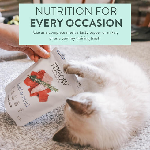 Meow Beef & Hoki Freeze Dried Raw Cat Food, High Protein Mixer, Topper, or Treat, Limited Ingredient Recipe (1.7 oz)